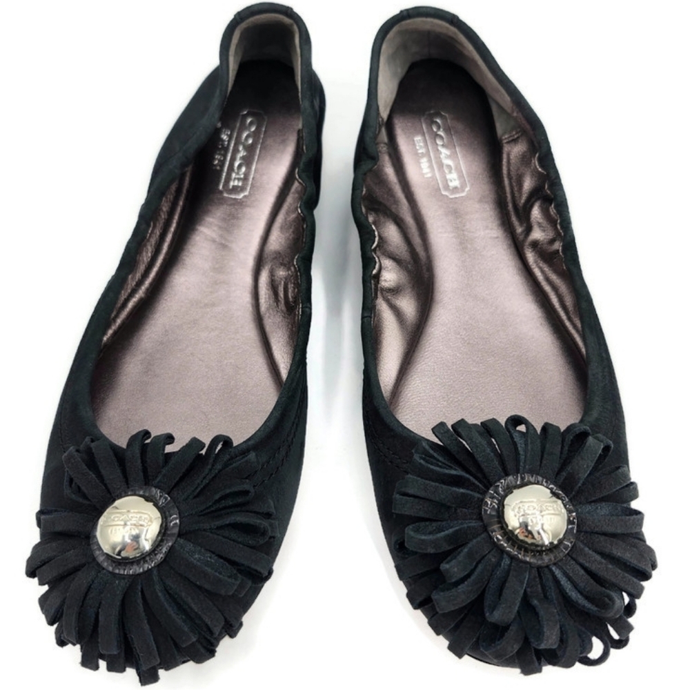 Coach Ariza Black Nubuck Leather Fringe Flower Silver Logo Stud Ballet Flats